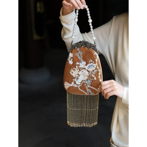 Brown Velvet Evening Clutch | Hand-Embroidered with Elegant Fringe Qipao Bag - Yandan_Hanfu