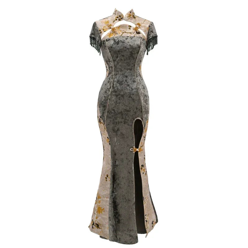 Spring Dragon Festival, Chinese national style disc buckle slim fish tail long Slit cheongsam Qipao dress Slit cheongsam dress / L Spring Dragon Festival, Chinese national style disc buckle slim fish tail long Slit cheongsam Qipao dress Slit cheongsam dress / L