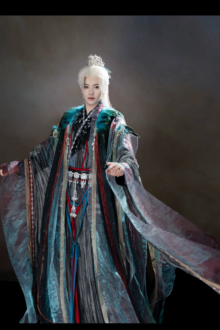 Peacock blue and iridescent layered xianxia outfit — worn garment view 12