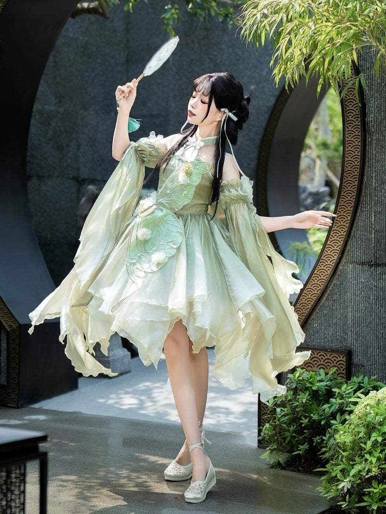 Elegant Chinese Lolita Dress in green with butterfly motif and flowing sleeves, styled for summer fashion and cosplay events.