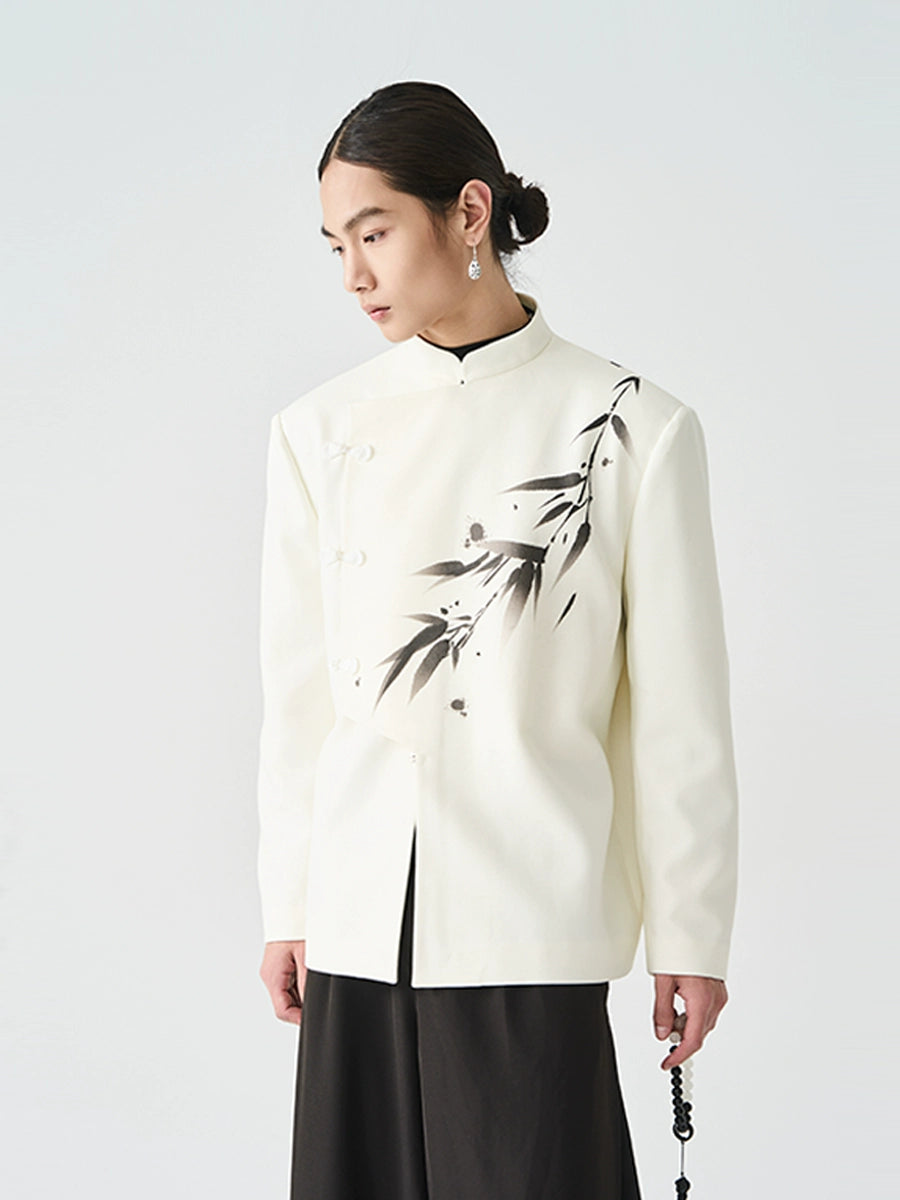 [Ink Bamboo] Diagonal Zhongshan Blazer – Modern Chinese Jacket with Water-Ink Print & Classic Button Detail