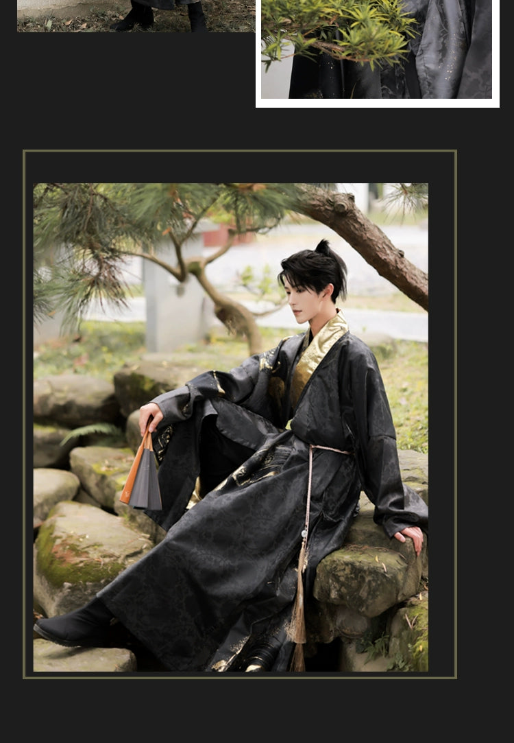 Song Dynasty Hanfu: Elegant Yuanshi large-sleeved shirts, noble Jin and Tang Dynasty menswear, adorned with jade pendants and fans. Made in the Ming Dynasty Taoist robes: gold and black textured, embodying aristocratic refinement.