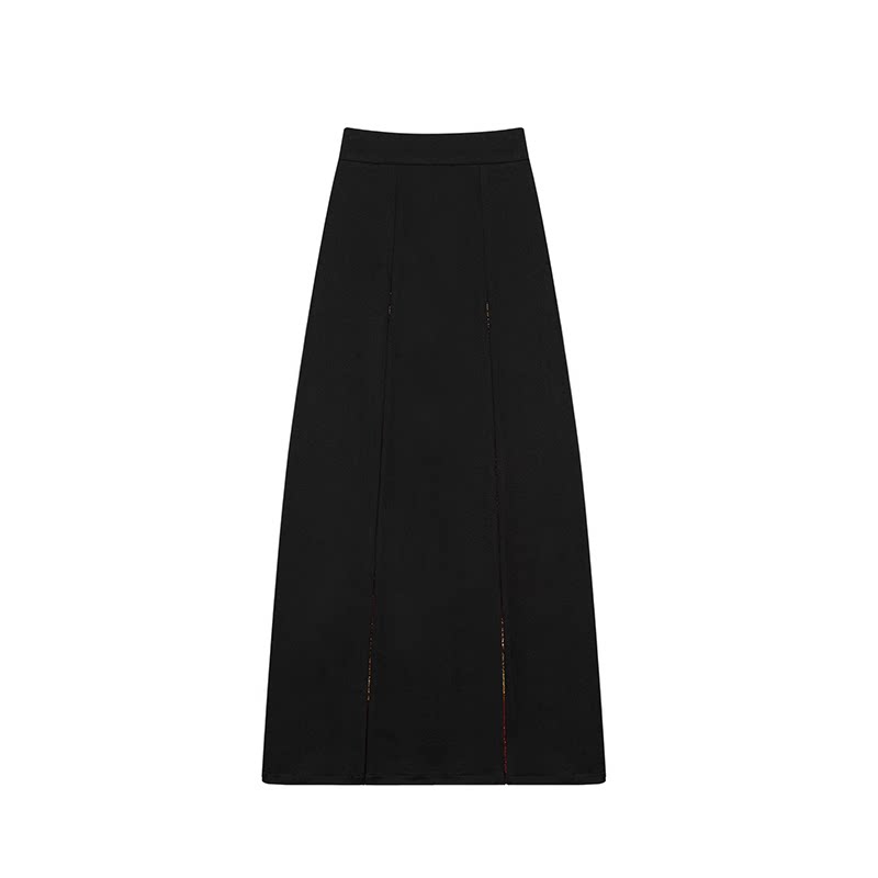 Black three-pleat skirt displayed alone
