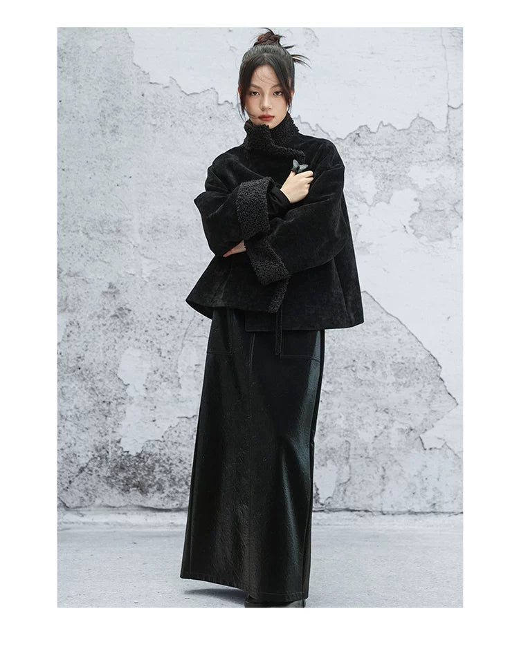 Black plush jacket women's 2025 autumn and winter new Chinese