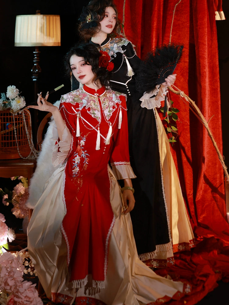 "Pomegranate" red cheongsam dress engagement Hanfu horse dress set