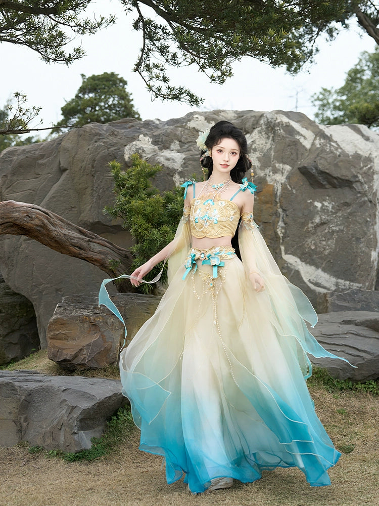 Elegant Yellow&Blue Fairy Hanfu for women featuring sheer sleeves and ombre skirt, perfect for summer cultural fashion collections.