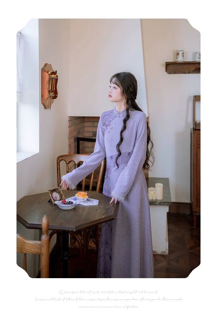 ''Falling Grace Lace Qipao Cheongsam Dress & Faux Fur Jacket Winte Blue purple (coat) / M ''Falling Grace Lace Qipao Cheongsam Dress & Faux Fur Jacket Winte Blue purple (coat) / M
