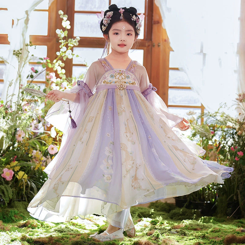 Girls ancient summer Hanfu dress in purple with embroidered details and flared sleeves, inspired by Tang Dynasty fashion for festive wear.