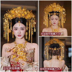Instructional collage showing how to wear golden phoenix crown headdress for Chinese bridal ceremonies.