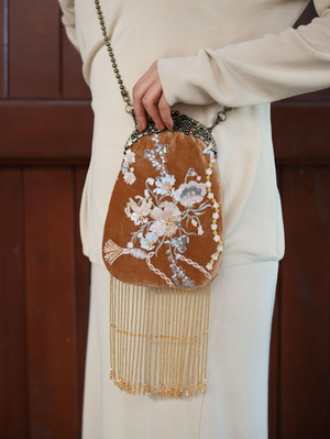 Brown Velvet Evening Clutch | Hand-Embroidered with Elegant Fringe Qipao Bag - Yandan_Hanfu
