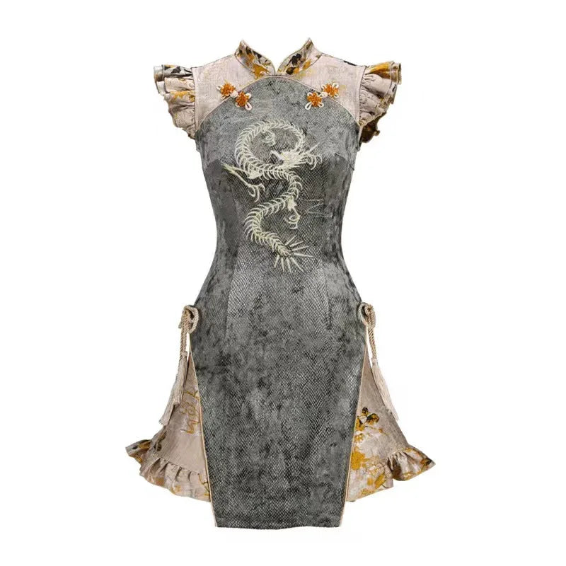 Embroidered Cheongsam Dress - Dragon Festival | Short, Halloween Dragon Embroidered Cheongsam / S Embroidered Cheongsam Dress - Dragon Festival | Short, Halloween Dragon Embroidered Cheongsam / S