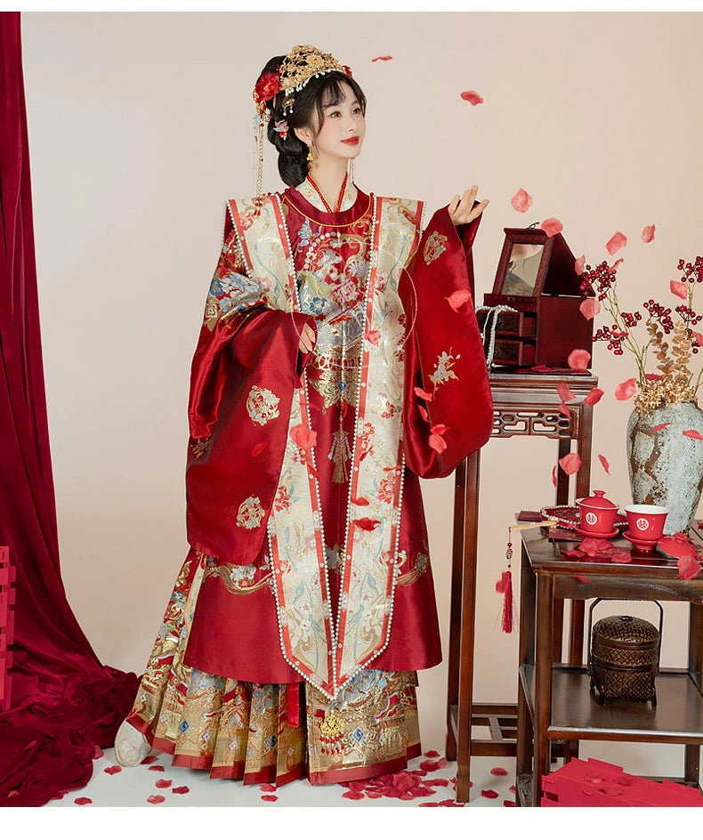 Cloud Hidden Moon Embroidery-Gilt Ming-Dynasty Flower Crew Neck Robe Wedding Clothing Hanfu Women's Spring