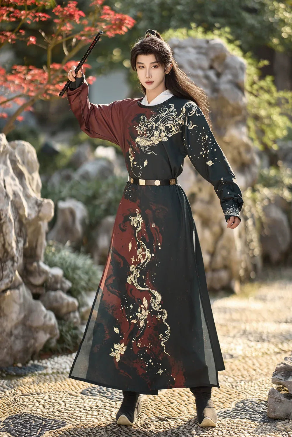 Golden Fish Over the Desert Tang-Inspired Round Collar Hanfu Coat w Red Jade Full Hall Crew Neck Robe Set (Top + Pants + Crew Neck Robe + Belt) / XL Golden Fish Over the Desert Tang-Inspired Round Collar Hanfu Coat w Red Jade Full Hall Crew Neck Robe Set (Top + Pants + Crew Neck Robe + Belt) / XL