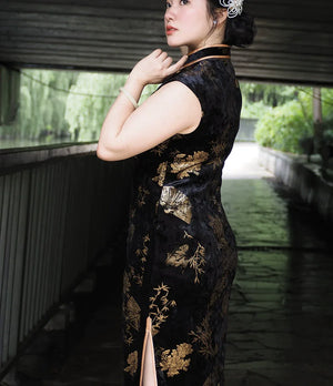 Plus Size Sleeveless Qipao – New Chinese Style Vintage-Inspired Gold Foil Cheongsam for Women - Yandan_Hanfu