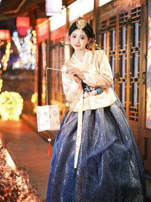 Yanji Korean Hanbok in blue and gold, featuring intricate embroidery and a traditional princess court design, perfect for cultural elegance.