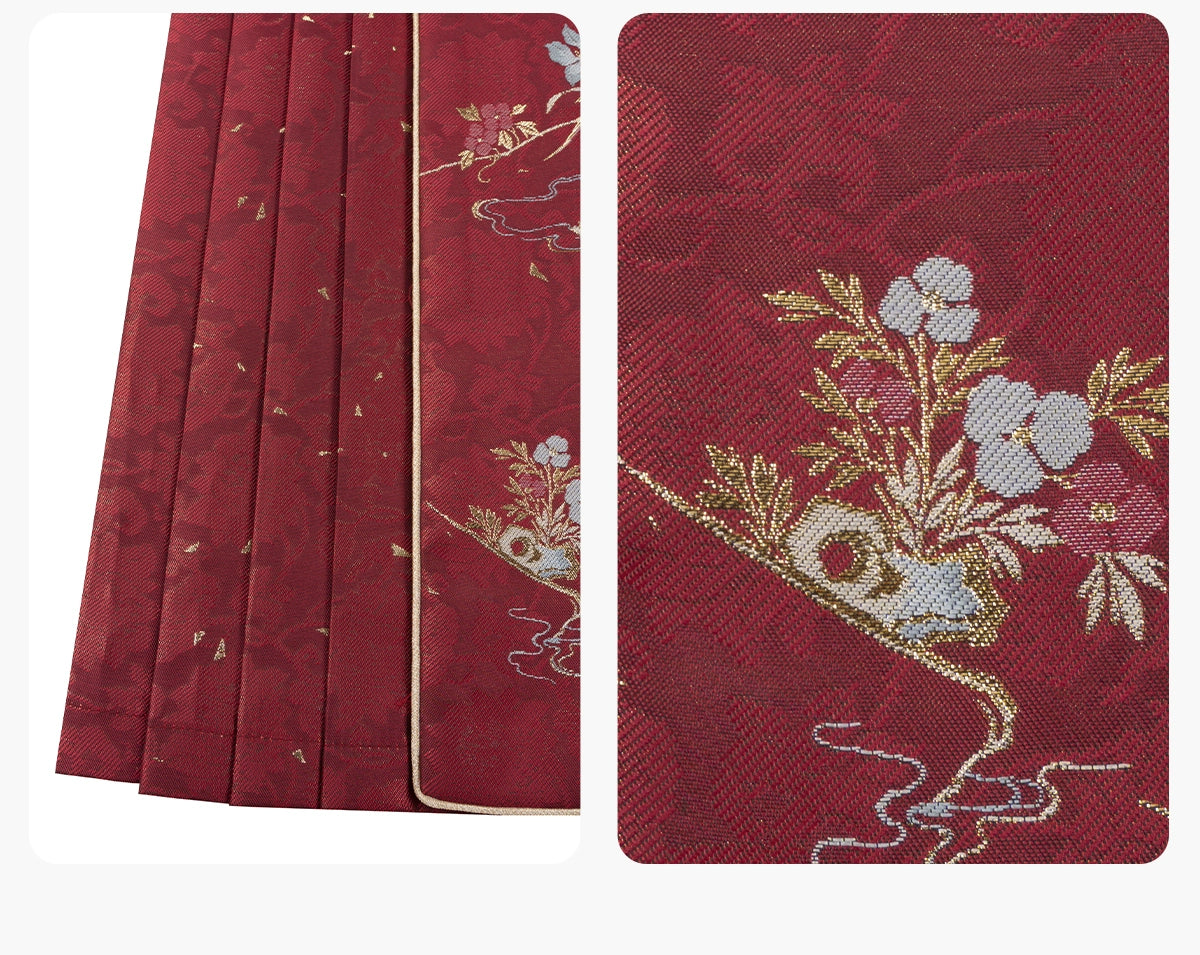 Pleated skirt and floral embroidery detail of [Dan Que Acacia] New Chinese Style Red Wedding Dress fabric.