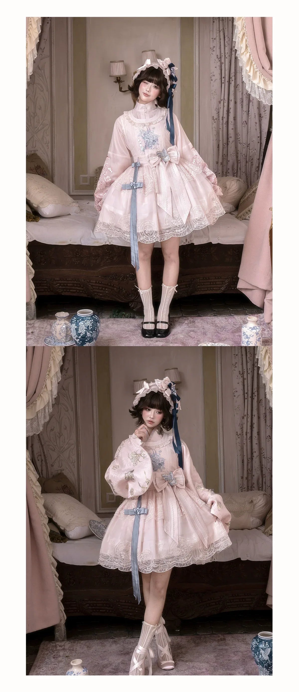 East-Meets-West Pink Two-Piece Set | Romance Embroidered Hanfu Blouse & Over Skirt - Yandan_Hanfu