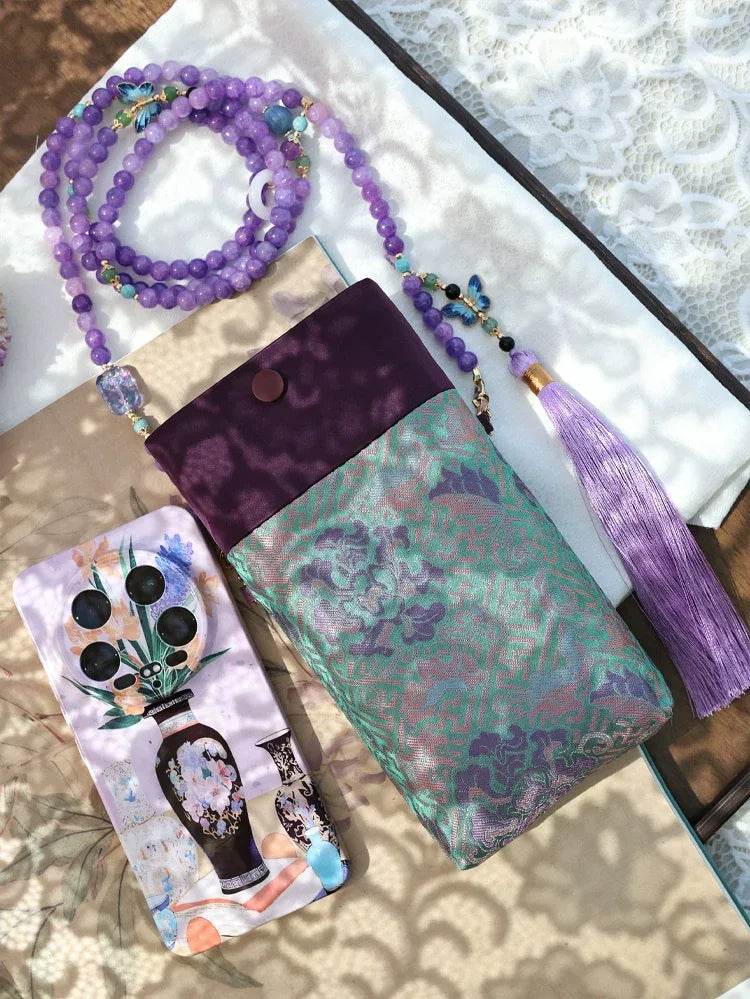 Floral Motif Bag | Color-Block Canvas Crossbody with Beaded Strap - Yandan_Hanfu