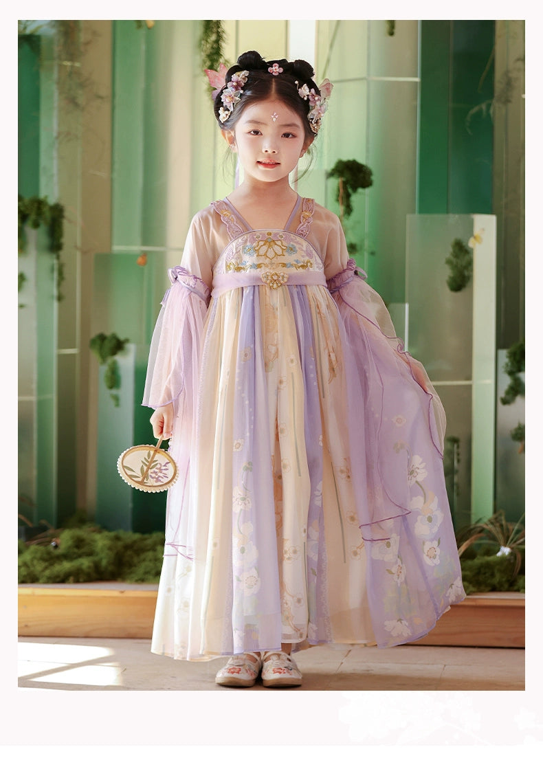 Elegant Tang Dynasty Purple Hanfu girls summer dress with sheer sleeves and floral embroidery, perfect for cultural events and summer photos.