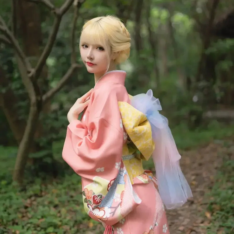 Traditional formal Japanese kimono women's visiting kimono set travel orange / Traditional 160 length kimono + belt Traditional formal Japanese kimono women's visiting kimono set travel orange / Traditional 160 length kimono + belt