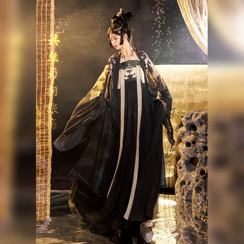 Black&Gold Tang-Style Hanfu Couple Set Traditional Chinese Outfit w Jinlan women's suit (large-sleeved shirt + skirt) / M Black&Gold Tang-Style Hanfu Couple Set Traditional Chinese Outfit w Jinlan women's suit (large-sleeved shirt + skirt) / M