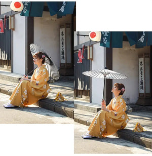 Two images of a woman in an orange floral kimono yukata sitting on a stone pavement, holding a traditional umbrella in a serene Japanese setting.