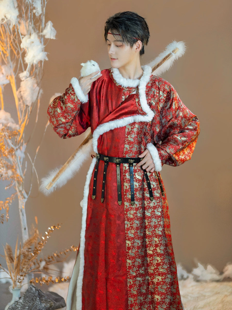 “First Dawn” – Warming Fur-Lined Tang Dynasty Robe | Gold Brocade New Year Edition (Unisex)