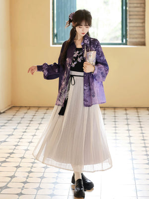 Purple modern hanfu shirt and ivory pleated half skirt full outfit photo