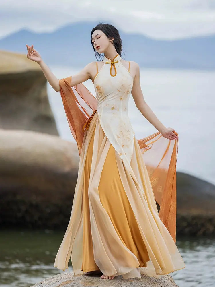 Elegant cheongsam dress with flowing skirt by the sea