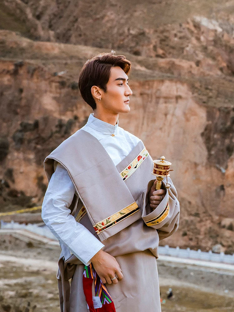 Light Grey Gold Card Tibetan Robe | Men's Traditional Chuba Jacket