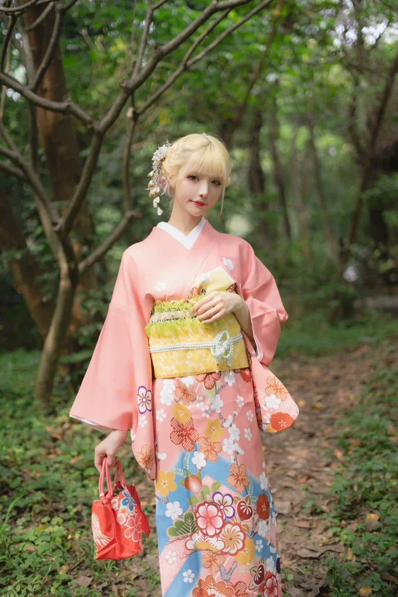 Traditional formal Japanese kimono women's visiting kimono set travel orange / Traditional 160 length kimono + belt Traditional formal Japanese kimono women's visiting kimono set travel orange / Traditional 160 length kimono + belt