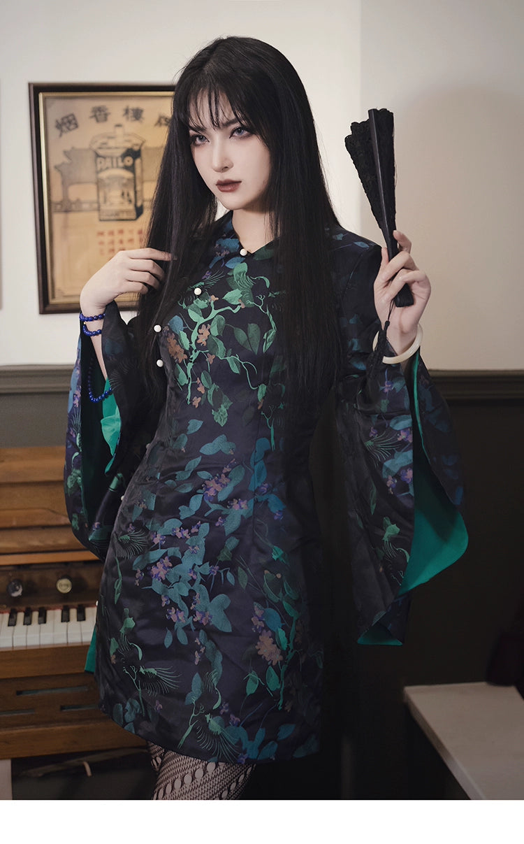 Elegant black and green cheongsam short skirt with floral jacquard brocade, bell sleeves, and a fitted silhouette. Perfect for vintage-inspired fashion.