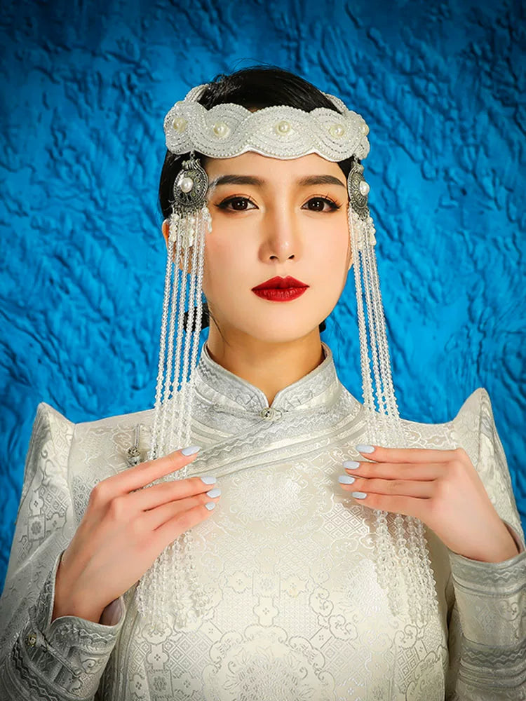 Minority style white design headgear high-end Mongolian wedding hat hair accessories custom exotic style