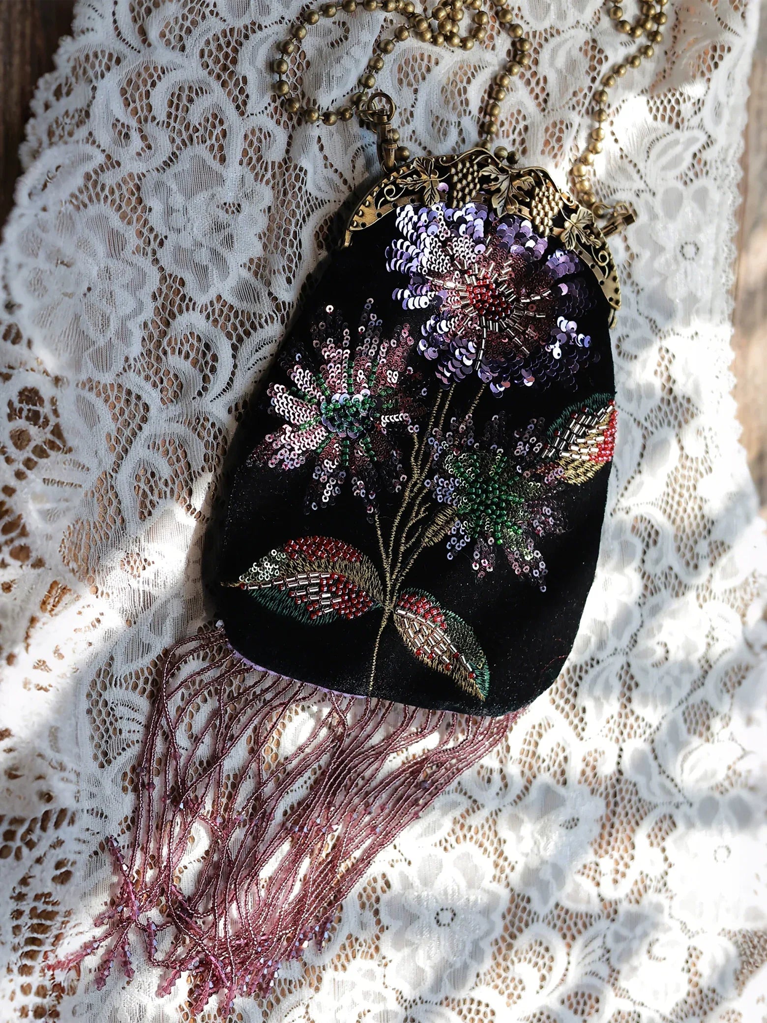 Embroidered Butterflies Black Bag | Canvas Crossbody with Beaded Chain - Yandan_Hanfu