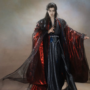 Black and red layered wuxia robe outfit — worn garment view 3