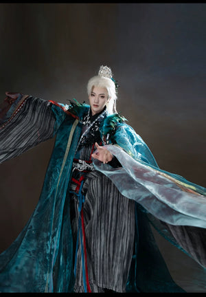 Peacock blue and iridescent layered xianxia outfit — worn garment view 9