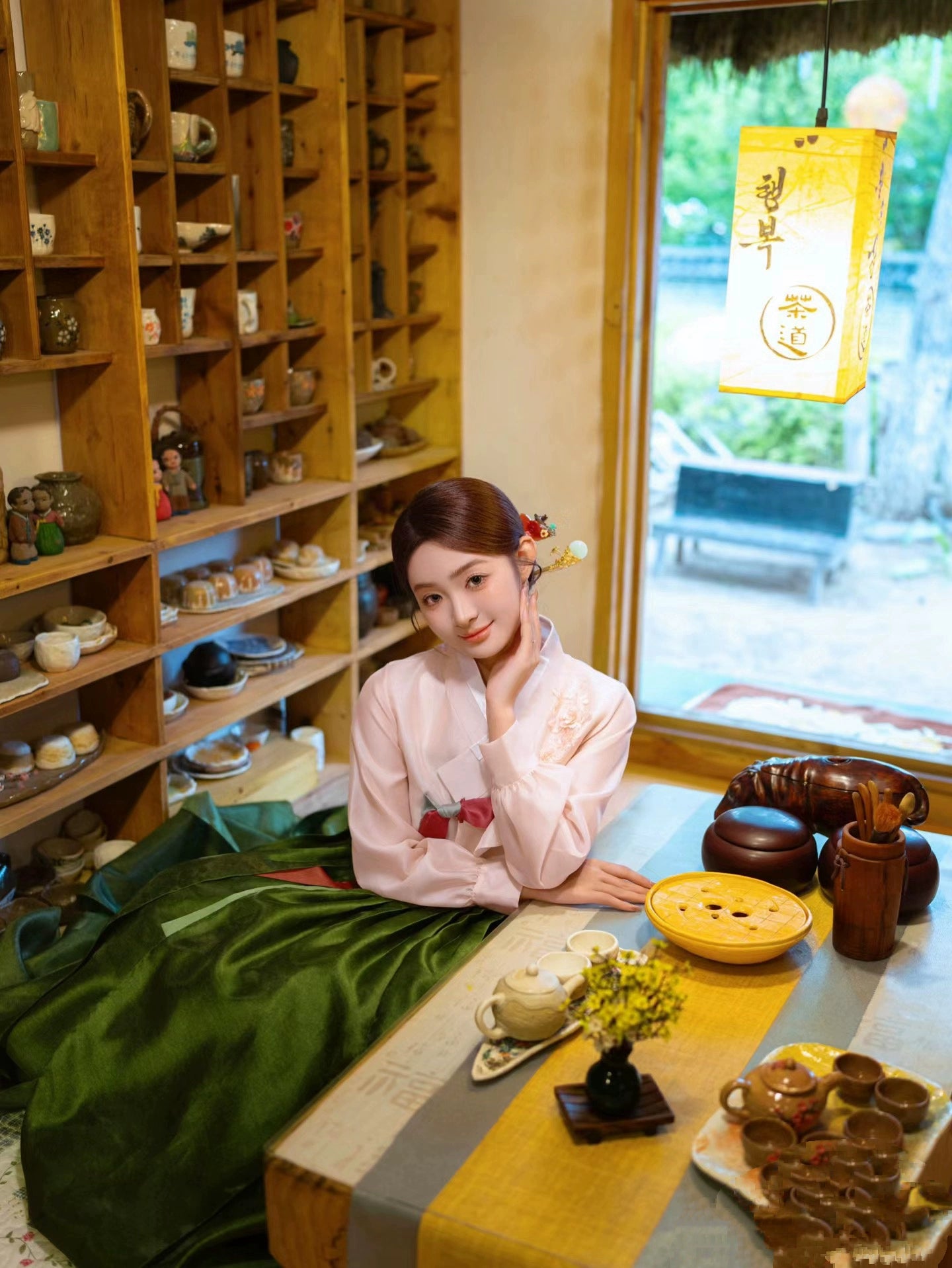 Green Korean hanbok displayed in a cozy traditional tea room setting.