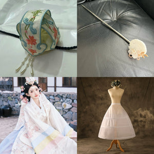 Korean wedding accessories including an embroidered bridal headpiece, silver hairpin, and a white petticoat, complementing the Muzhi wedding dress.