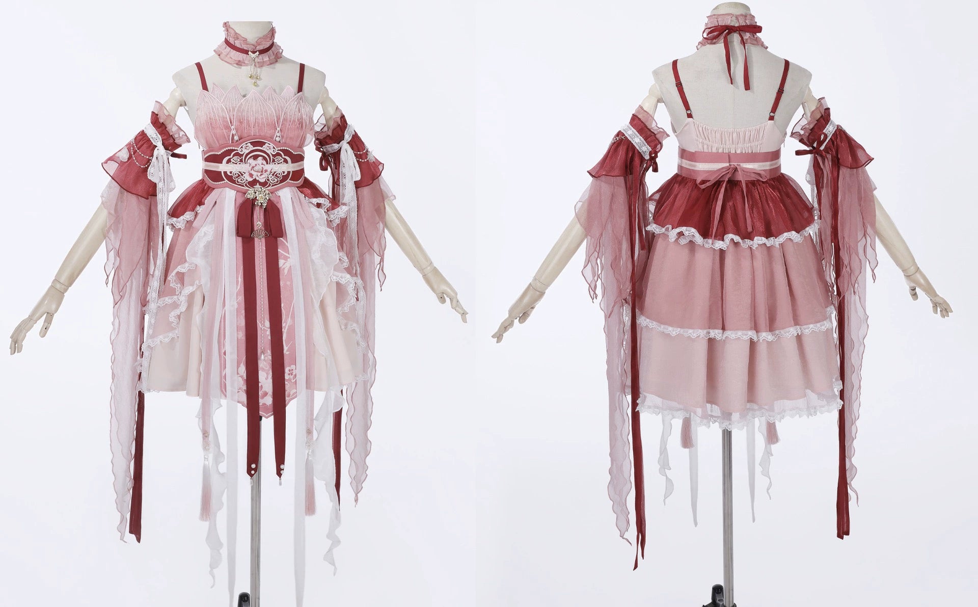 Front and back mannequin view of Red Hanfu Dress New Chinese Feather Rust Waist Seal Suspender Skirt with full accessories.