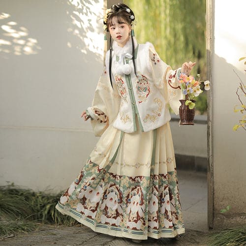 Chinese New Year Hanfu Women's Ming Dynasty Square Neck Embroidered Bijia Horse Face Skirt New Year's Eve Dress Winter Plush