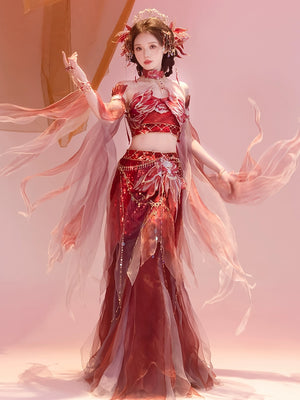 Red Hanfu female Dunhuang embroidery fairy spring and summer dress featuring intricate embroidery and mermaid-style hem.