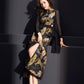 Sophisticated cheongsam with tiger pattern and high slit in soft satin.