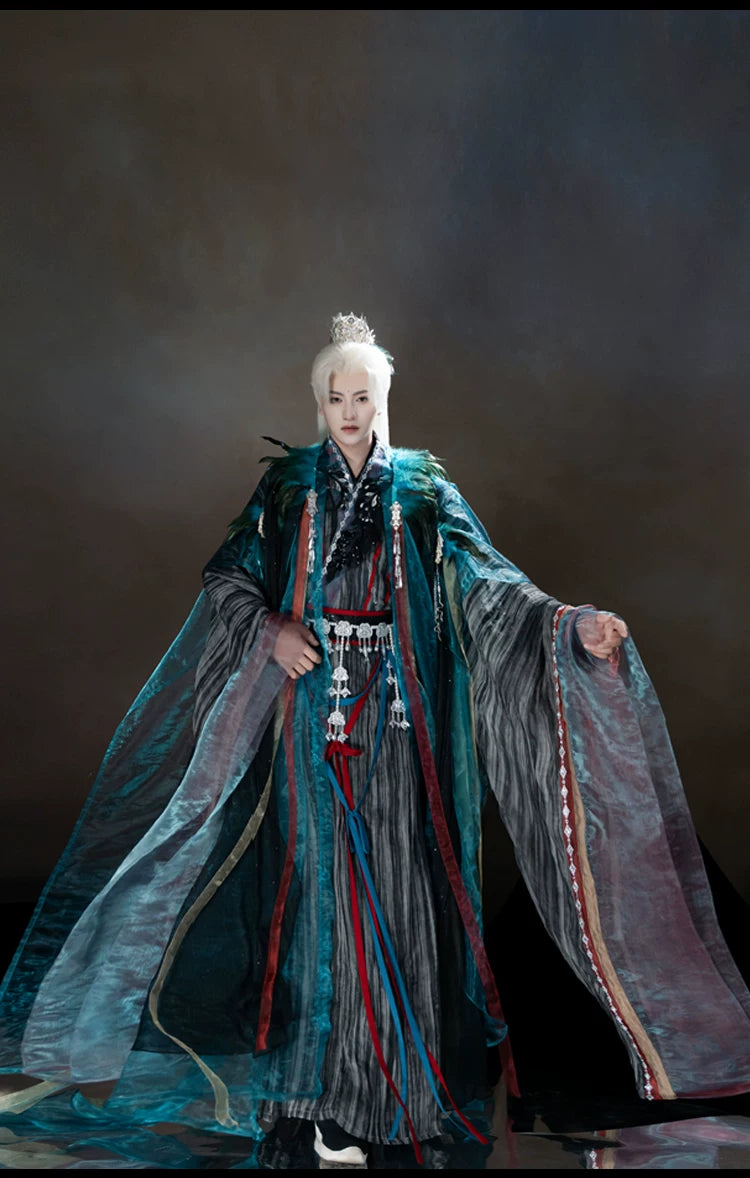 Peacock blue and iridescent layered xianxia outfit — worn garment view 10