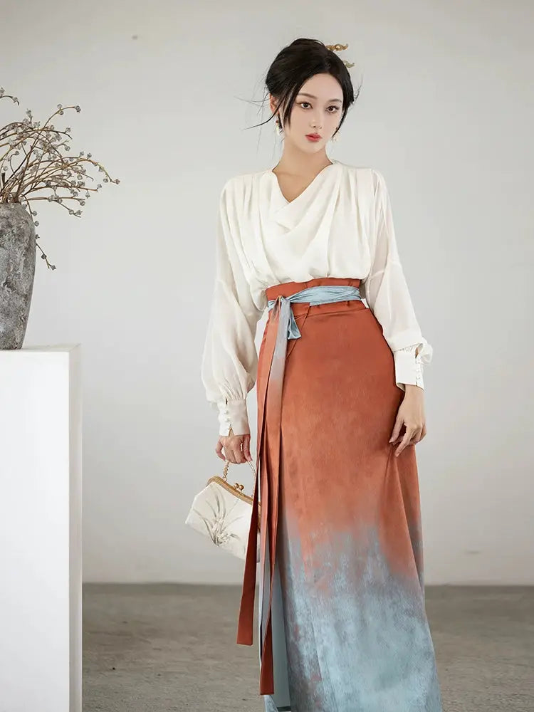 Blue collar shirt versatile beige top, lantern sleeve retro horse skirt