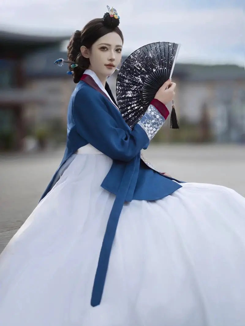Blue&White Princess Hanbok Palace Dress – Luxury Korean Traditional Gown for Women's Weddings, Photoshoots & Performances