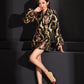 Stunning jacquard Cheongsam blazer dress with intricate gold and floral design.