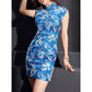 Hot stamping printing ukiyo-e painting wave blue short cheongsam