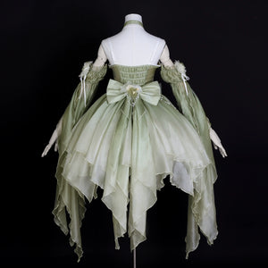 Back view of Green Lolita Dress on mannequin with layered chiffon and bow detail, perfect for Chinese Lolita fashion lovers.