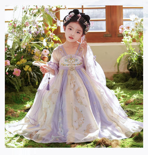 Graceful Tang Dynasty Purple Hanfu girls dress with floral patterns and flowing design, ideal for cultural photoshoots and summer wear.