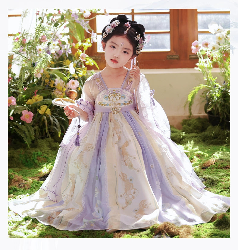 Graceful Tang Dynasty Purple Hanfu girls dress with floral patterns and flowing design, ideal for cultural photoshoots and summer wear.